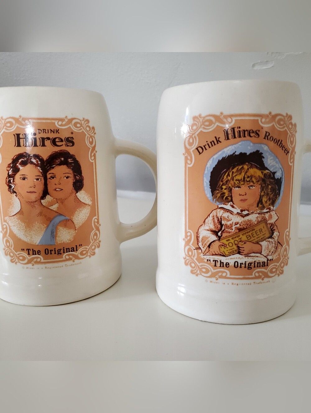 Vintage 1980s Hires Root Beer Mugs Set of 2 Glass Soda Mugs Retro Advertising